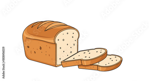 A simple cartoon illustration of a loaf of white bread with a golden-brown crust and two slices already cut from the end.