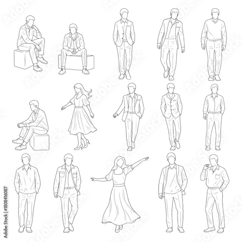 Collection of Hand-Drawn Line Art Silhouettes of Diverse People Poses for Business and Lifestyle Illustrations