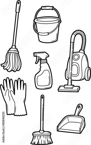 Collection of cleaning supplies and tools for household chores