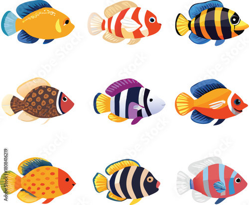 Colorful cartoon illustration depicting a collection of various tropical fish species high quality