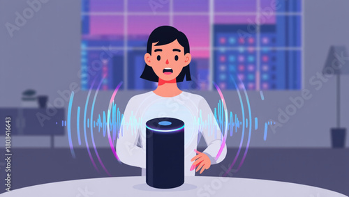 Woman interacting with smart speaker in modern home