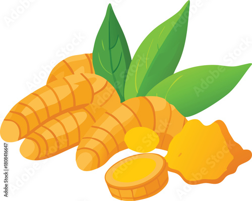 Fresh turmeric roots with vibrant green leaves a natural spice composition high quality