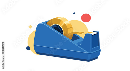A blue office tape dispenser with a roll of clear adhesive tape is illustrated in a modern flat style with abstract shapes.