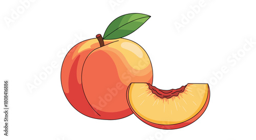 A juicy whole peach with a green leaf is shown next to a cut slice of the fruit revealing the pit and yellow flesh.