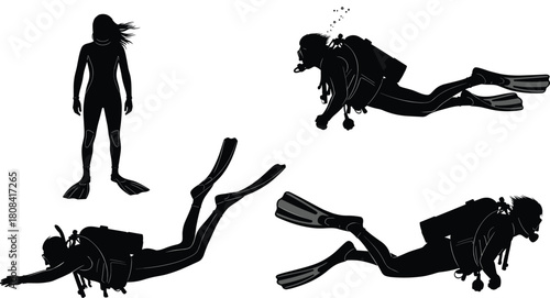Scuba diver silhouettes set, vector illustration collection of people diving and swimming underwater with equipment, black figures isolated on white background.