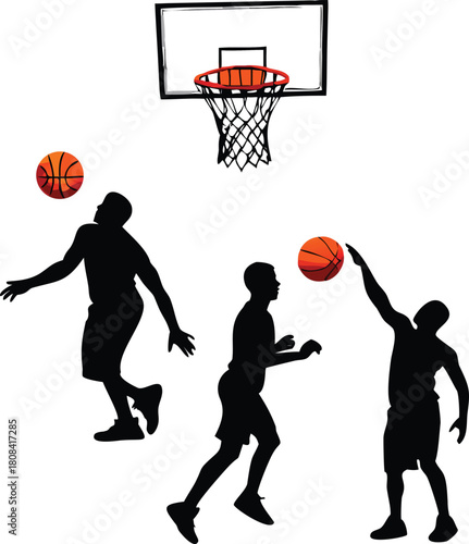 Silhouette illustration of basketball players in action with a hoop and ball