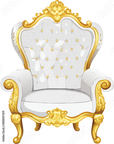 An ornate white and gold upholstered throne chair with detailed carvings high quality