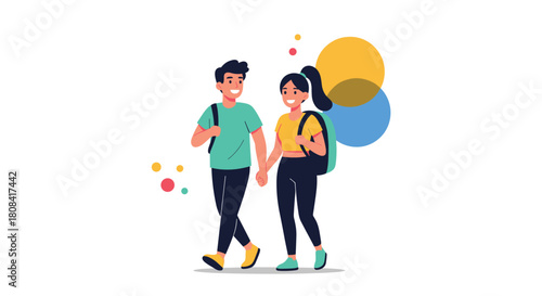 A happy young couple of students or travelers with backpacks are holding hands and walking together on a white background.