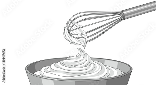 A kitchen whisk is shown lifting sweet whipped cream from a bowl in a black and white line art vector illustration.