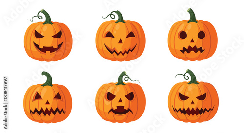 A set of six carved halloween pumpkins or jack-o-lanterns with various spooky and funny facial expressions are displayed.