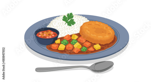A delicious plate of Japanese croquette curry with rice vegetables and a side of pickles is shown with a spoon nearby.