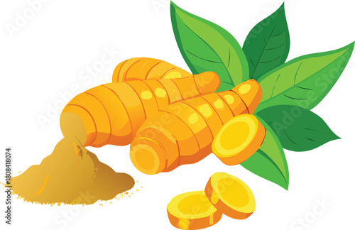 Fresh turmeric root with vibrant green leaves and sliced pieces displayed high quality