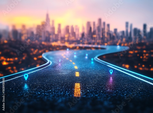 Winding asphalt road with glowing blue pin markers leading to city skyline highway street