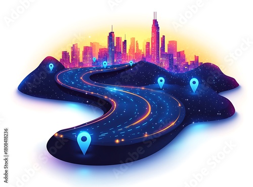 Winding road with location pins leading to a vibrant city skyline highway urban