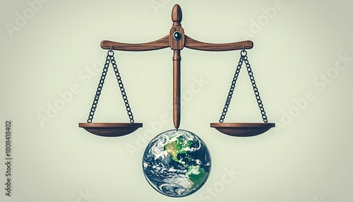 Wooden balance scale holding planet Earth against pale background justice
