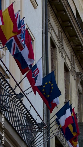 International Flags Waving on Historic Prague Embassy Building