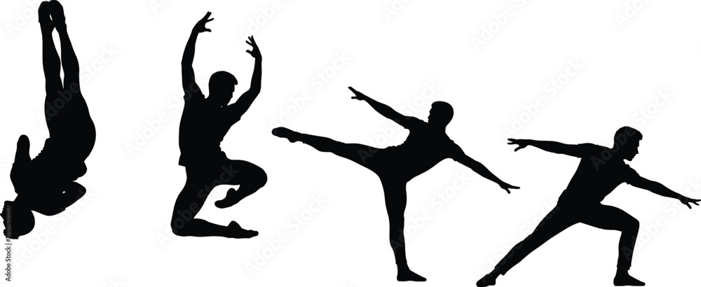 Fototapeta premium Set of black silhouettes of a male ballet dancer performing modern moves, jumping and posing, vector illustration isolated on white background.