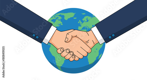 A corporate handshake between two business people in suits is shown in front of a globe representing a global partnership.