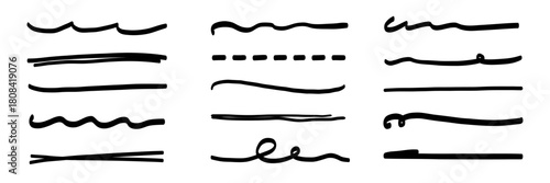 Underline line marker set. Hand drawn underline stroke and marker scribble text highlight, pen mark and pencil sketch frame. Rough brush stripe and strikethrough design. Vector illustration
