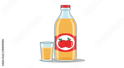 A simple cartoon illustration of a glass bottle of apple juice with a red label and a glass filled with the beverage.