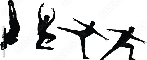 Set of black silhouettes of a male ballet dancer performing modern moves, jumping and posing, vector illustration isolated on white background.