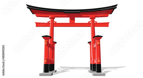 A traditional Japanese red torii gate a symbol of Shinto shrines is illustrated in a simple 3D style with shadows.
