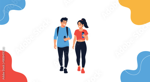 A happy young couple in athletic clothes are walking and talking together holding water bottles after a workout or hike.