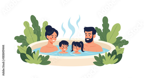 A happy family with a mother father son and daughter are relaxing together in a warm outdoor hot spring or onsen bath.
