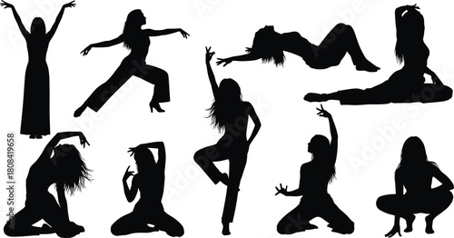 Set of black silhouettes of a woman dancing, stretching and posing, vector illustration isolated on white background, for fitness, yoga, contemporary 