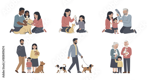 Diverse Families Enjoying Companionship with Beloved Pets Illustration Set