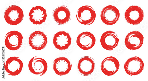 A large set of red enso circles drawn with a grunge brush stroke style representing zen and minimalism in Japanese culture.
