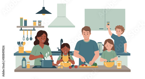 Happy Family Cooking Together in a Modern Kitchen