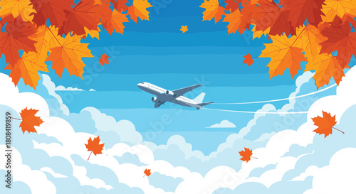 A large passenger airplane flies through a cloudy blue sky framed by falling autumn maple leaves in a travel themed scene.