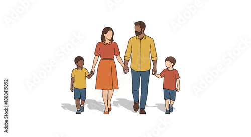 Diverse Family Walking Together Holding Hands Parents and Two Children