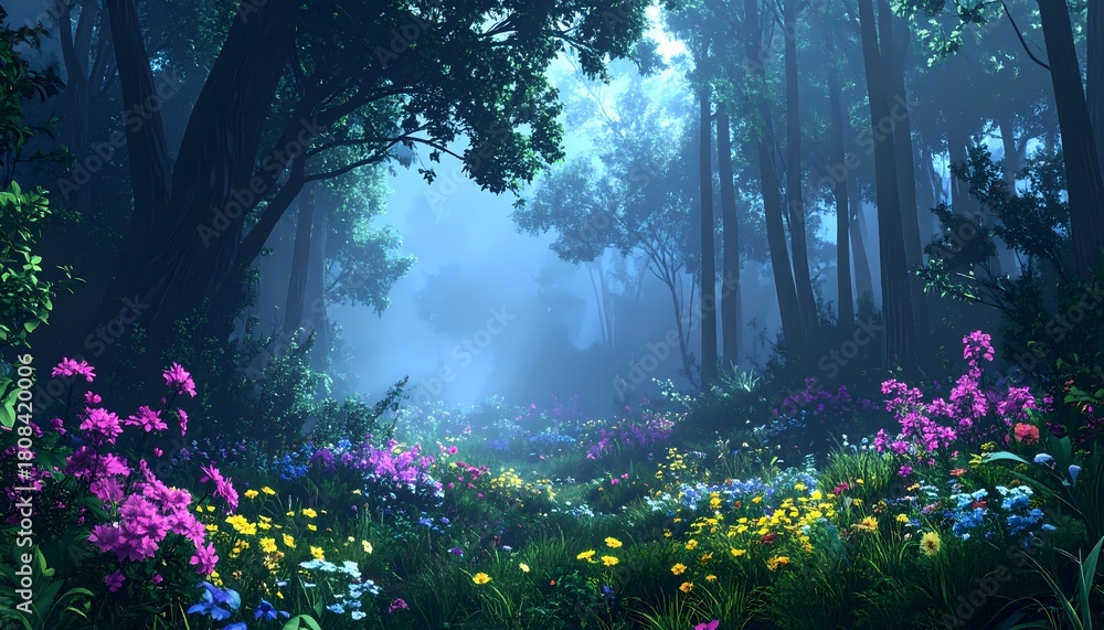 Obraz premium Enchanted Forest with Vibrant Flowers and Misty Atmosphere.
