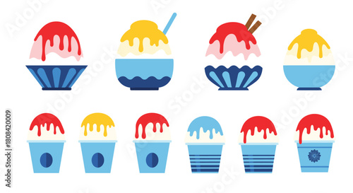 A colorful collection of Japanese shaved ice desserts or kakigori in various bowls and cups with sweet flavored syrups.