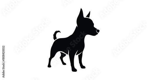 A simple black silhouette of a small chihuahua or toy terrier dog standing in profile on a clean white isolated background.
