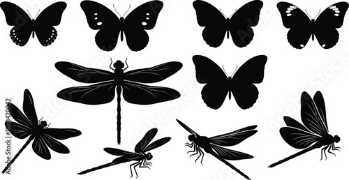Set of black silhouettes of butterflies and dragonflies, vector illustration isolated on white background, for nature design, tattoo art, insect logo concepts