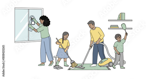Happy family working together to clean their home creating a tidy and pleasant living space