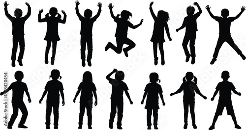 Set of black silhouettes of happy children jumping and waving hands, active boys and girls playing vector illustration isolated on white background.