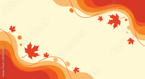 A beautiful and abstract autumn background with orange wavy lines and falling maple leaves providing a warm seasonal frame.