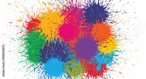 An abstract background of vibrant and colorful paint splatters in rainbow colors creating a fun and energetic artistic effect.