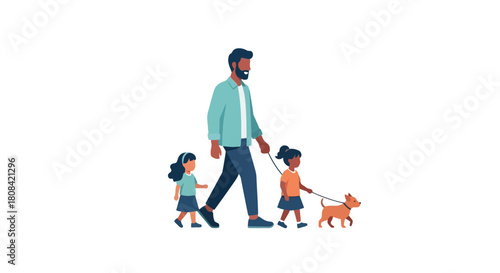 Father Walking Children and Dog Outdoors Family Leisure Activity Illustration