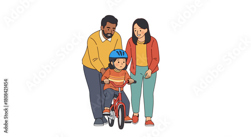 Family Teaching Child Riding Bicycle Outdoors Learning Life Lesson Childhood Activity