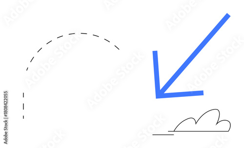 Dashed curved line connecting to bold blue arrow pointing downward near minimalist cloud. Ideal for direction, impact, guidance, navigation, simplicity, decision, clarity. Simple flat metaphor