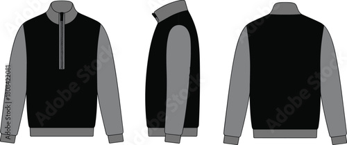 Black and Grey Men's Quarter Zip Sweatshirt Technical Fashion Sketch with Front, Side and Back Views Isolated on White Background for Sportswear Design
