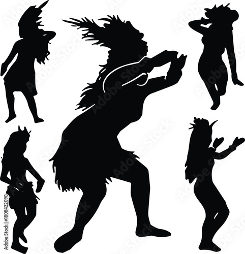 Cultural dance silhouettes, traditional attire, black icons, ceremonial movement, tribal performance, festive rhythm, expressive pose, heritage art, ethnic costume, ritual