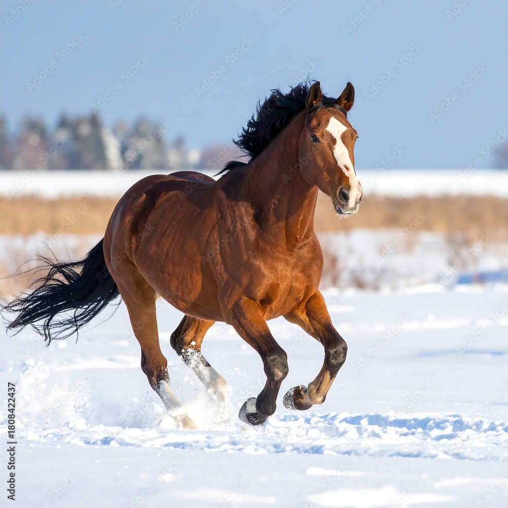 Obraz premium A beautiful brown horse gallops through a snow-covered field on a bright, sunny winter day with a blue sky background