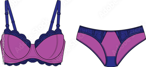 Bright Pink and Blue Women's Lingerie Set Technical Fashion Sketch with Lace Trim Bra and Panties Isolated on White Background for Underwear Design