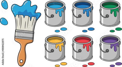 Cartoon paint cans with dripping colors, blue splash, yellow brush, puddles of red green purple, vibrant art supplies for creative design themes